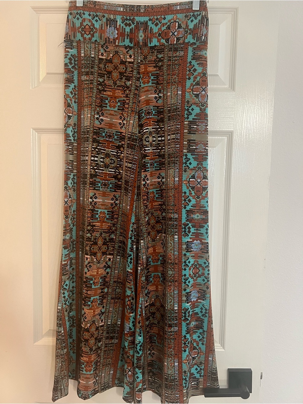 Wide Leg Printed Palazzo Pants - Turquoise & Brown